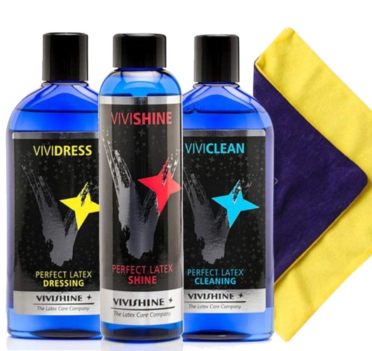 Vivishine 150ml - Vividress 250ml - Viviclean 250ml - Viviwipe Combo - for Latex Clothing