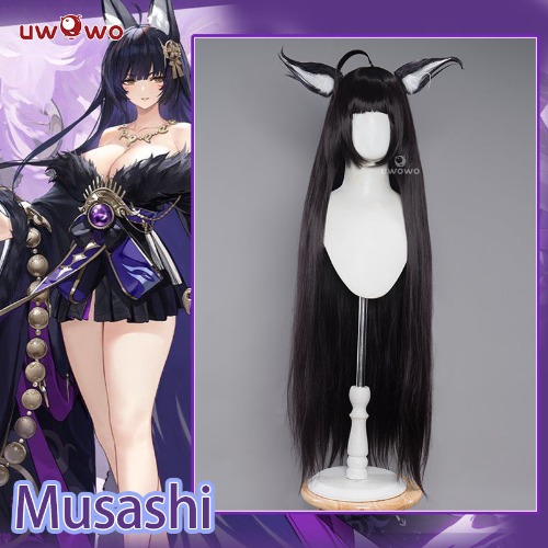 Uwowo Game Azur Lane IJN Musashi Kimono Fox Cosplay Wig With Ears Dark Purple Hair