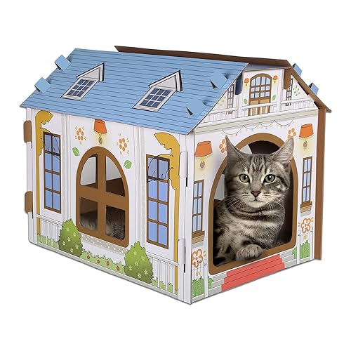 SEKAM Cardboard Cat House with Scratcher/Catnip, (16.5''L x 12''W x 13''H) Cat Play House for Indoor Cats, Cat Scratching Toy, Cat Hideaway Furniture for Cat Birthday, Hideout for Bunny Small Animals - Oceanside Villa