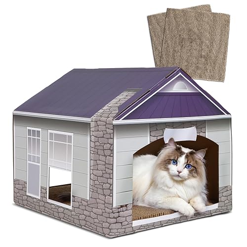 Cardboard Cat House 1 Cube with Catnip,(14" L x 13" W x 12" H) Cat Scratch House Combo Indoor Cats,Cat Scratch Toy for Cat Birthday for Cat & Small Animals, Hideout Cat Play House - Modern style cardboard cat house