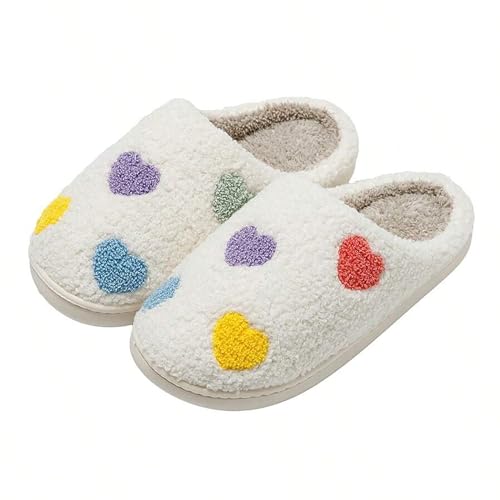 QQGB Women's Men's Cute Fuzzy Heart Slippers Memory Foam Fluffy Couple Slippers Cozy House Slippers Indoor Outdoor Shoes - 7.5-8 Women/6.5-7 Men - Colourful