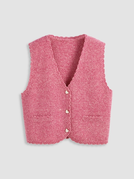 Knit V-neck Heart Button Vest Curve & Plus