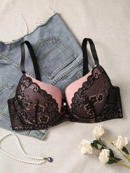 1pc Contrast Lace Elegant Comfortable Supportive Underwire Plus Size Brassiere, Prevents Sagging & Side Bulge Lingerie