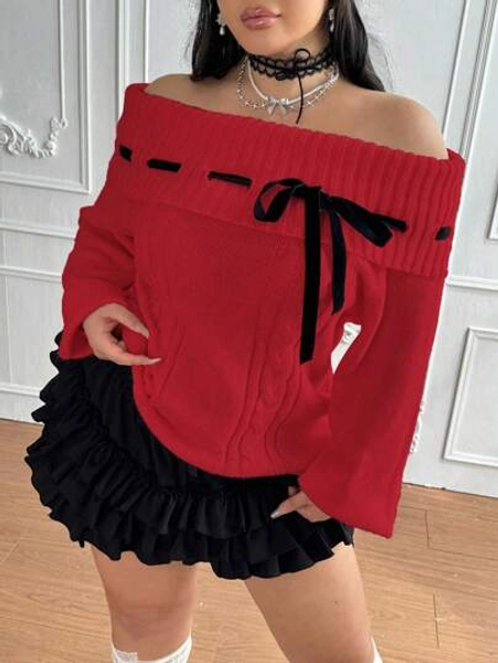 Lyrianda Plus Size Stylish Sexy Open Shoulder Tied Cable Knit Contrast Color Long Sleeve Off Shoulder Sweater For Women, Autumn/Winter