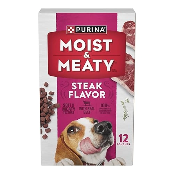 Trase A Moist and Meaty Steak Flavor Soft Dog Food Pouches for Adult Dogs, Made with Real Beef, 72 oz, 12 Count