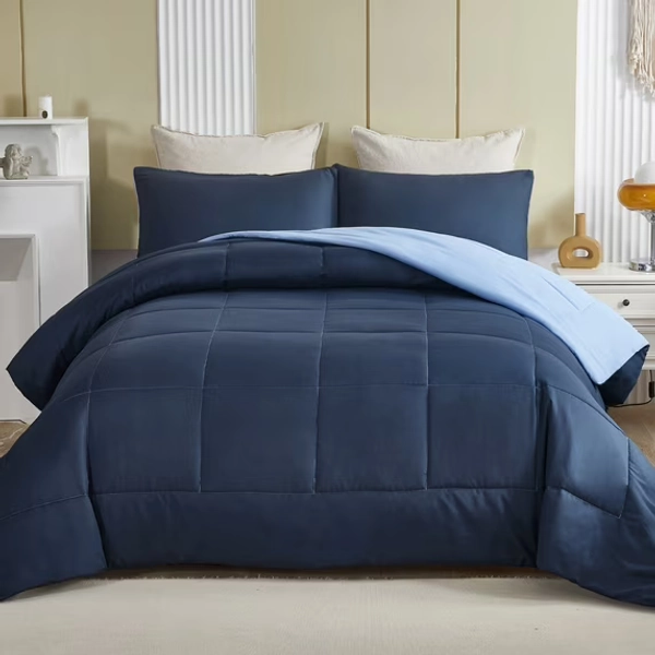 Exclusivo Mezcla Lightweight Reversible 3-Piece Comforter Set All Seasons, Down Alternative Comforter with 2 Pillow Shams, Queen Size, Navy/ Blue