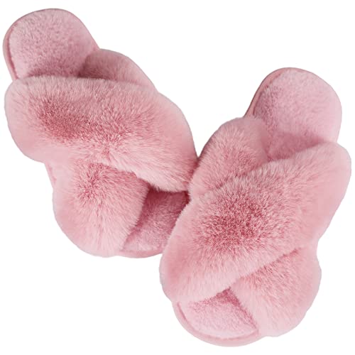 Ankis Womens Fuzzy Memory Foam Slippers Cross Band Cozy Plush Home Slippers Fluffy Furry Open Toe House Shoes Indoor Outdoor Slide Slipper - 9-10 - Pink