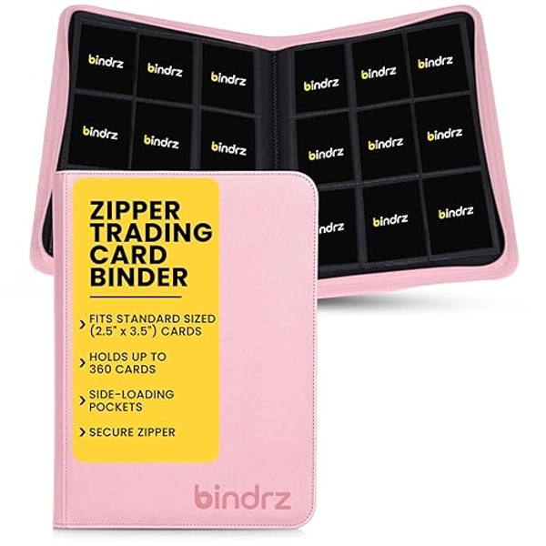 bindrz 9 Pocket Zipper Binder for 360 Sleeved Trading Cards - Side Loading Pockets Album - Archival Safe Material and Compatible with TCG MTG and Sports Collectibles (Pink) - Pink