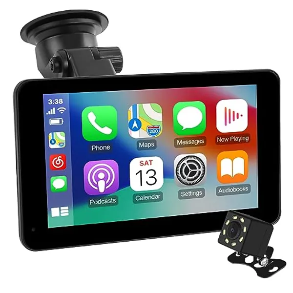 Portable Wireless Carplay & Android Auto Car Stereo, 7 Inch Full HD Car Touch Screen Portable Car Radio Receiver with Bluetooth, FM Transmitter, AUX, Voice Control, Navigation, Backup Camera