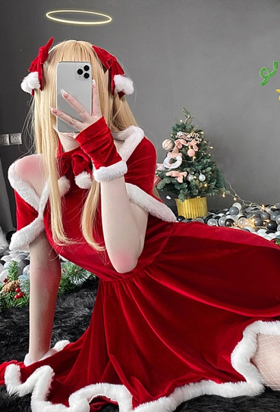 Women Christmas Halter Dress Plush Maid Style Sweet Homewear Costume Outfit with Shawl