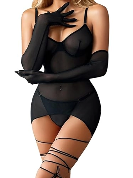popiv Women Sexy Lingerie Set Sheer Mesh Lace Bodysuit Teddy Lingerie with Leg Wraps