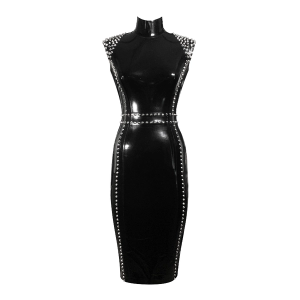 Latex Sleeveless Studded Joy Pencil Dress in supatex black/silver studs