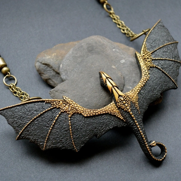 Black Winged Flying Dragon Necklace Whimsical Jewelry Fairytale Fantasy LARP Cosplay Mythical Creature Gift | Secondary Color: Silver