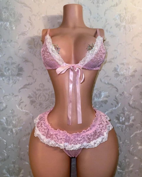 Exotic Dancewear “Sugar Baby” Ruffle Trim Lace Bikini in Baby Pink with Micro Mini Skirt Thong Women’s Lingerie