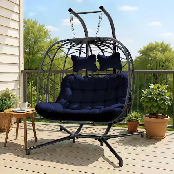 FINCATI Luxury Charcoal Gray Wicker 2 Person Hanging Egg Chair with Black Stand and Navy Blue Cushions DS-0095