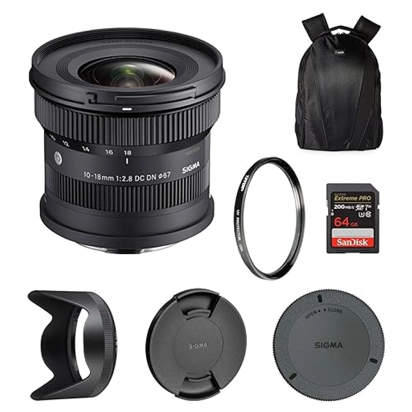 Sigma 10-18mm f/2.8 DC DN Sony E Mount Contemporary Lens | Ultra Wide-Angle Zoom with Tiffen 67mm UV Protector Filter, Waith Camera Backpack and 64GB Extreme PRO UHS-I SDXC Memory Card (Bundle Set)