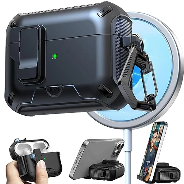 RFUNGUANGO for AirPods Pro1/2 Case 2024 Latest Multi Functional Earphone Case Bracket Function MagSafe Function Anti Fall Lock Automatic Open Cover 2024 A+Series-Black