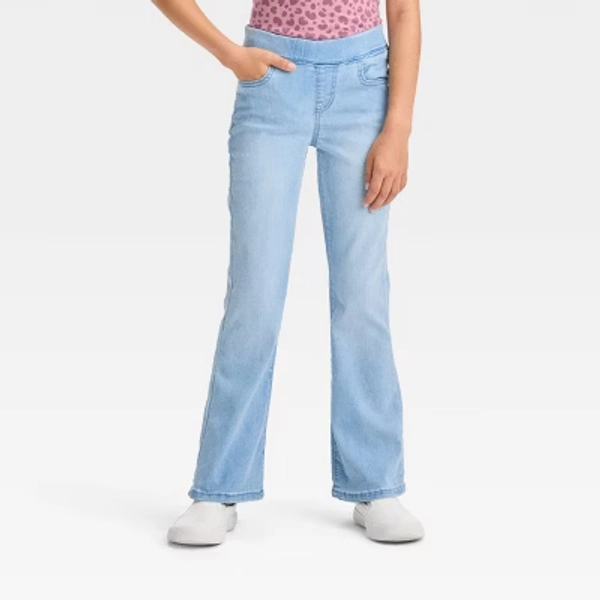 Girls' Mid-Rise Pull-On Flare Jeans - Cat & Jack™ Light Wash 12: Denim, Elastic Waist, Back Pocket
