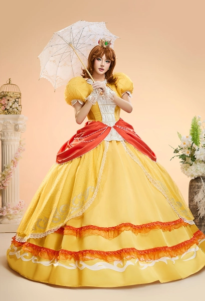 Princess Daisy Cosplay Costume Yellow Princess Dress with Gloves Earrings