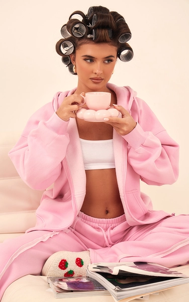 Light Pink Oversized Zip Through Seam Detail Hoodie