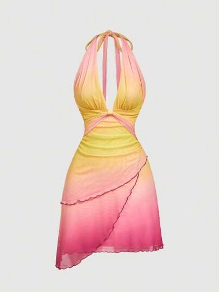 SHEIN MOD Ombre Bowknot Halter Open Back Asymmetric Dress