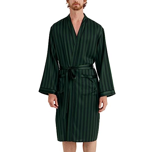 COLD POSH Men's Real Silk Robe Luxury Lightweight Bathrobe for Men Long Sleeve Mulberry Silk Sleepwear - Small - Black Forest Green