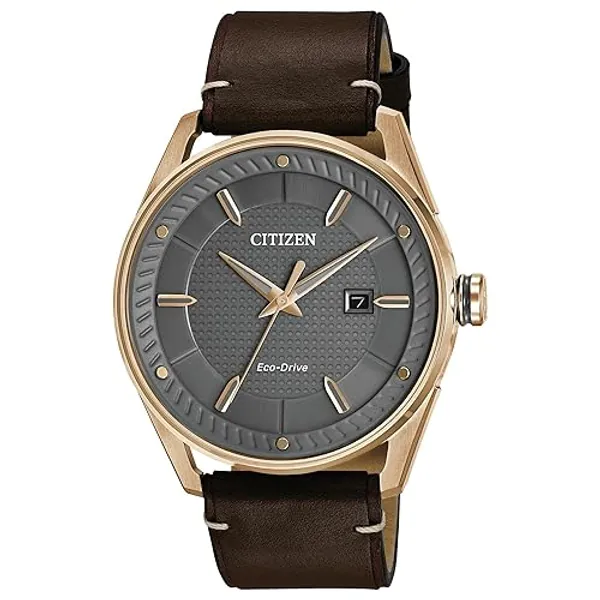 Citizen Men's Sport Casual 3-Hand Eco-Drive Watch, Date, Patterned Dial - Brown Leather Strap/ Rose Gold/ Grey Dial
