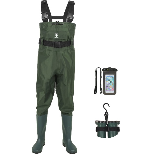 TIDEWE Bootfoot Chest Wader, 2-Ply Nylon/PVC Waterproof Fishing & Hunting Waders with Boot Hanger for Men and Women (Green and Brown) - Green M9/W11