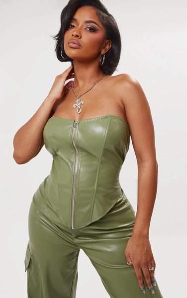 Shape Olive Faux Leather Zip Front Corset