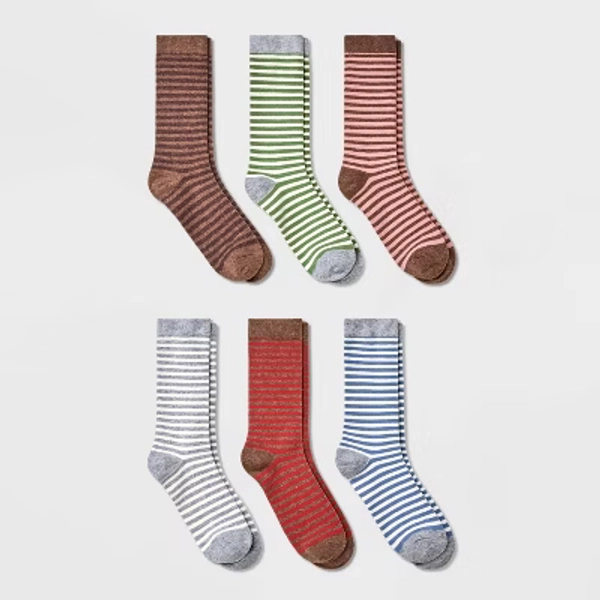 Women's Striped 6pk Crew Socks - A New Day™ Assorted Colors 4-10: Lightweight Knit Flat Seams
