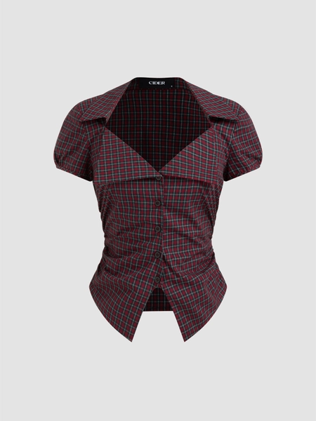 100% Cotton Tartan Split Ruched Shirt