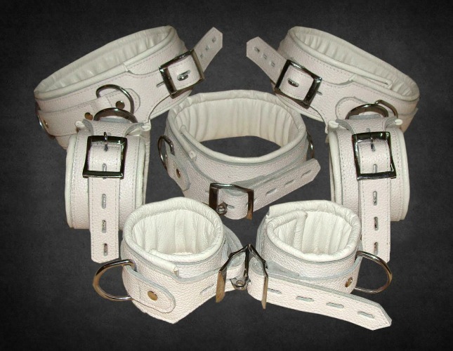 Heavy Duty 7 Piece White Real Leather Bondage Restraints Wrist Neck Ankle & Thigh | Default Title