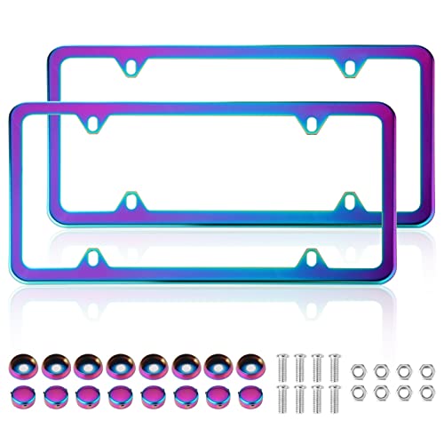Iridescent License Plate Frame, 2 Pack Stainless Steel Mirror Polish Treatment, Universal US Car License Plate Bracket Holder, 4 Holes Theft Design, Rustproof Weatherproof(with mounting Fittings).