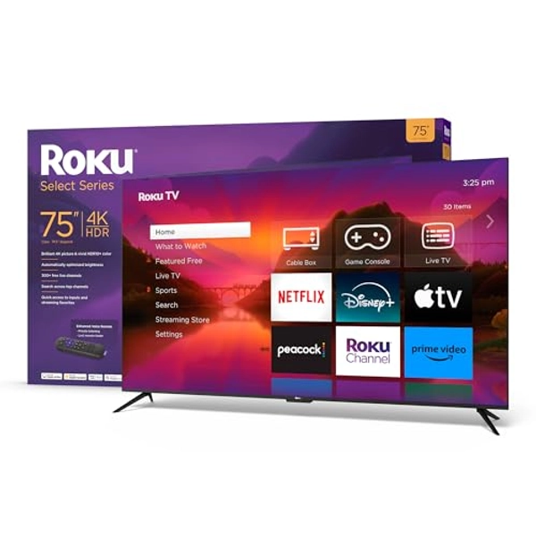 Roku Smart TV – 75-Inch Select Series 4K HDR RokuTV Enhanced Voice Remote, Brilliant 4K Picture, Automatic Brightness, & Seamless Streaming – Live Local News, Sports, Family Entertainment