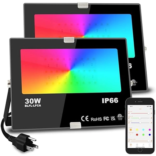 Led Flood Light 30W, 300W Equivalent 3000 LM Outdoor Color Changing Led Stage Landscape Lights, Bluetooth RGBW Smart Floodlights 2700K & 16 Million Colors&Timing& Music Sync, IP66,US 3-Plug (2 Pack)