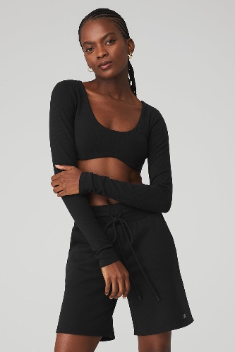 Ribbed Defined Long Sleeve Bra - Black | Black / L