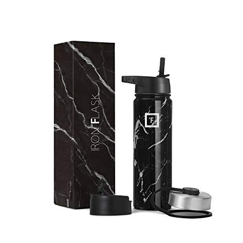 IRON °FLASK Camping & Hiking Hydration Flask, Wide Mouth, 3 Straw Lids, Stainless Steel Outdoor Water Bottle, Double Walled, Insulated Thermos, Metal Canteen - Black Marquina, 22 Oz - Straw - 22 Oz - Black Marquina