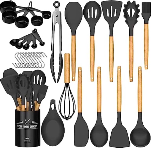 Umite Chef Kitchen Cooking Utensils Set, 33 pcs Non-Stick Utensils Spatula Set with Holder, Black Wooden Handle Silicone Kitchen Gadgets - Black