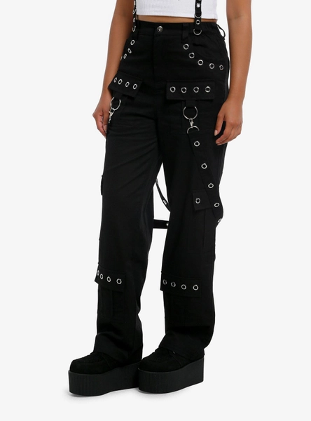 Black Grommet Suspender Wide Leg Pants