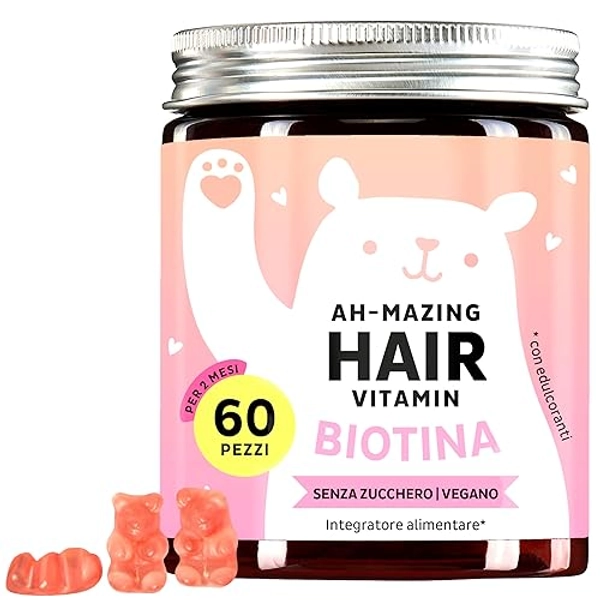 Bears with Benefits Orsetti gommosi alla biotina ad alto dosaggio - Vitamine per la crescita normale e la cura dei capelli - 5000μg di biotina e zinco - 60 pezzi - Vegan - Senza zucchero
