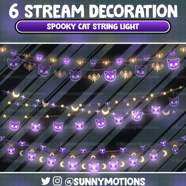 6 Animated Stream Decoration: Aesthetic Spooky Cat String Light Twitch Overlay, Halloween Night, Twinkle Light, Cozy Bat Chains Vtuber-Asset