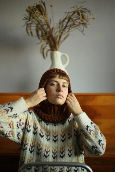 Balaclava Woolen hat in teddy brown ,mango socky balaclava knit beanie,knit helmet,knit hat,crochet balaclava, knitted hood