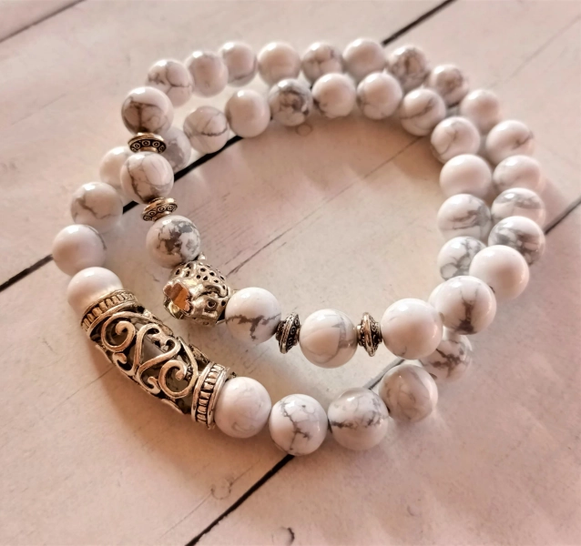 Set of leopard bracelets and charm with natural rock spheres veined marble / Snow leopard bracelet
