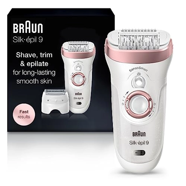 Braun Epilator Silk-épil 9 9-720, Hair Removal Device, Epilator for Women, Wet/Dry, Waterproof, 3-in-1 Epilate, Shave, or Trim, Salon-Like Smooth Skin, Womens Shaver & Trimmer, Cordless, Rechargeable