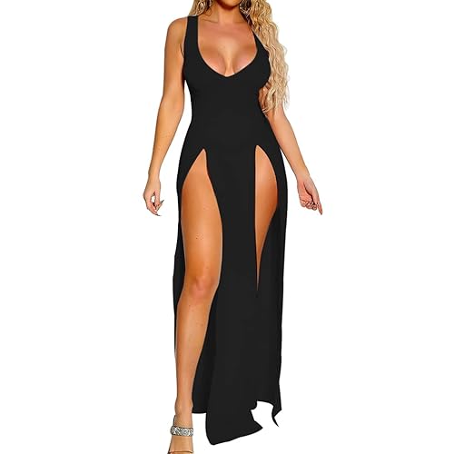 Azhong Women's Sexy One Piece Outfits Dress Sleeveless Deep V Neck High Split Bodycon Clubwear Maxi Dresses - Small - Black