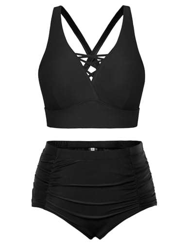 Hanna Nikole Womens Plus Size Bikini Set High Waist Push Up Beachwear Ruched Tummy Control Swimwear - Black #1 - 24 Plus