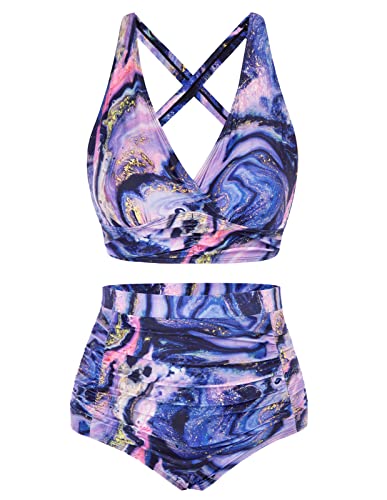 Hanna Nikole Women's Plus Size High Waist Bikini Set Push Up Swimsuit Ruched Tummy Control Swimwear Two-Piece Swimsuit - Purple Wave Pattern - 24 Plus
