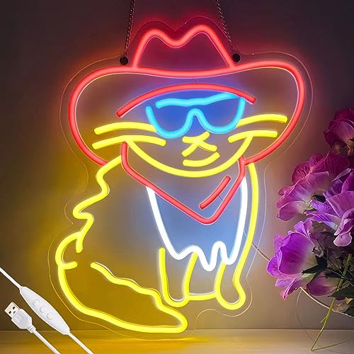 Cool Cowboy Cat Neon Sign for Wall Decor Cowboy Kit Led Neon Light for Kids Room Wedding Birthday Home Party Art Decor Gifts, Dimmable & Powered by USB, 15.7x11.8 inches - Cool Cowboy Cat