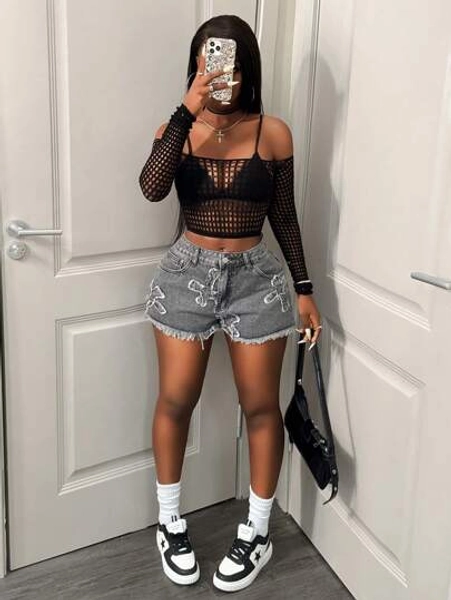 BamGleam Women's Solid Color Off-Shoulder Long Sleeve Fitted Sexy Hollow Out Mesh Top Fall Cloth For Women