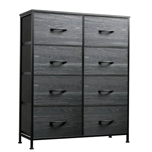 WLIVE Tall Fabric Dresser for Bedroom with 8 Drawers, Storage Tower with Bins, Double Dresser, Chest of Drawers for Closet, Living Room, Hallway, Charcoal Black Wood Grain Print